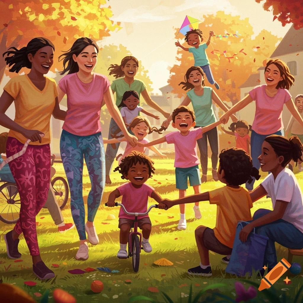 Diverse families and children playing together in a park with kites and bikes, bathed in warm sunlight.