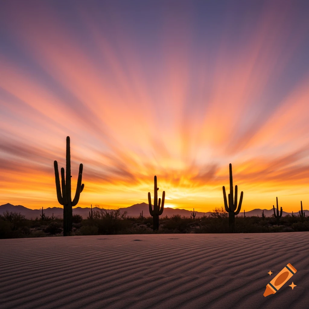 Saguaro cacti silhouetted against a vibrant sunrise sky with sun rays over sand dunes and mountains in the distance.