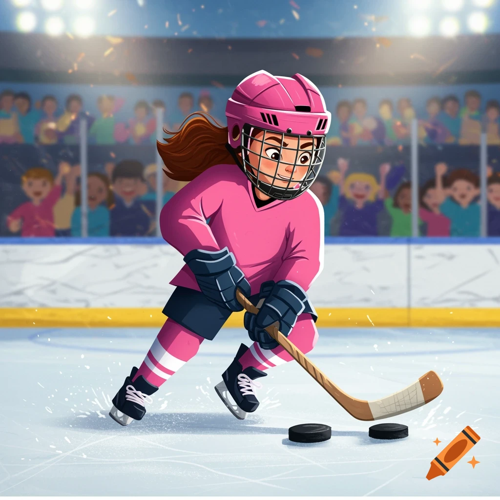 Cartoon girl playing ice hockey in a pink uniform on a rink.