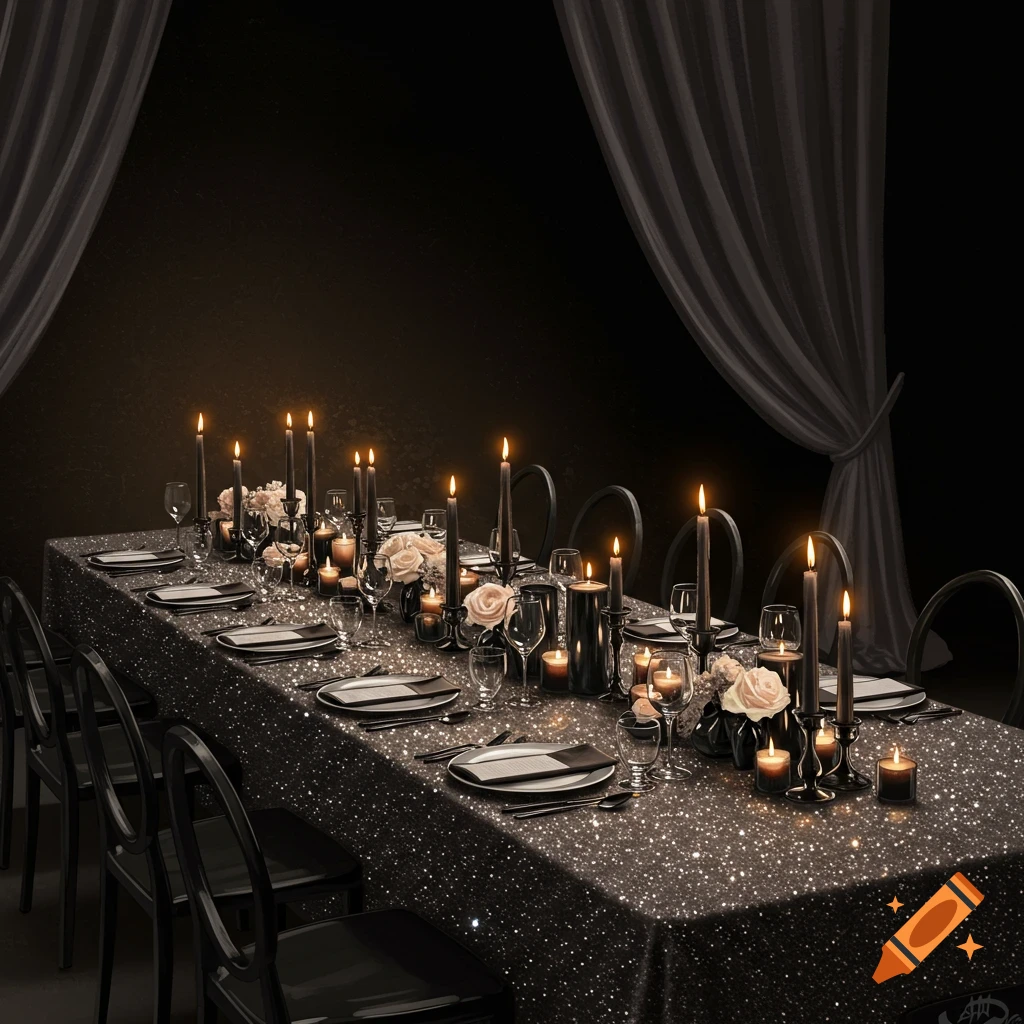 Long dinner table with glitter linen, black plates, candles, white roses, and drapery in a dark setting.