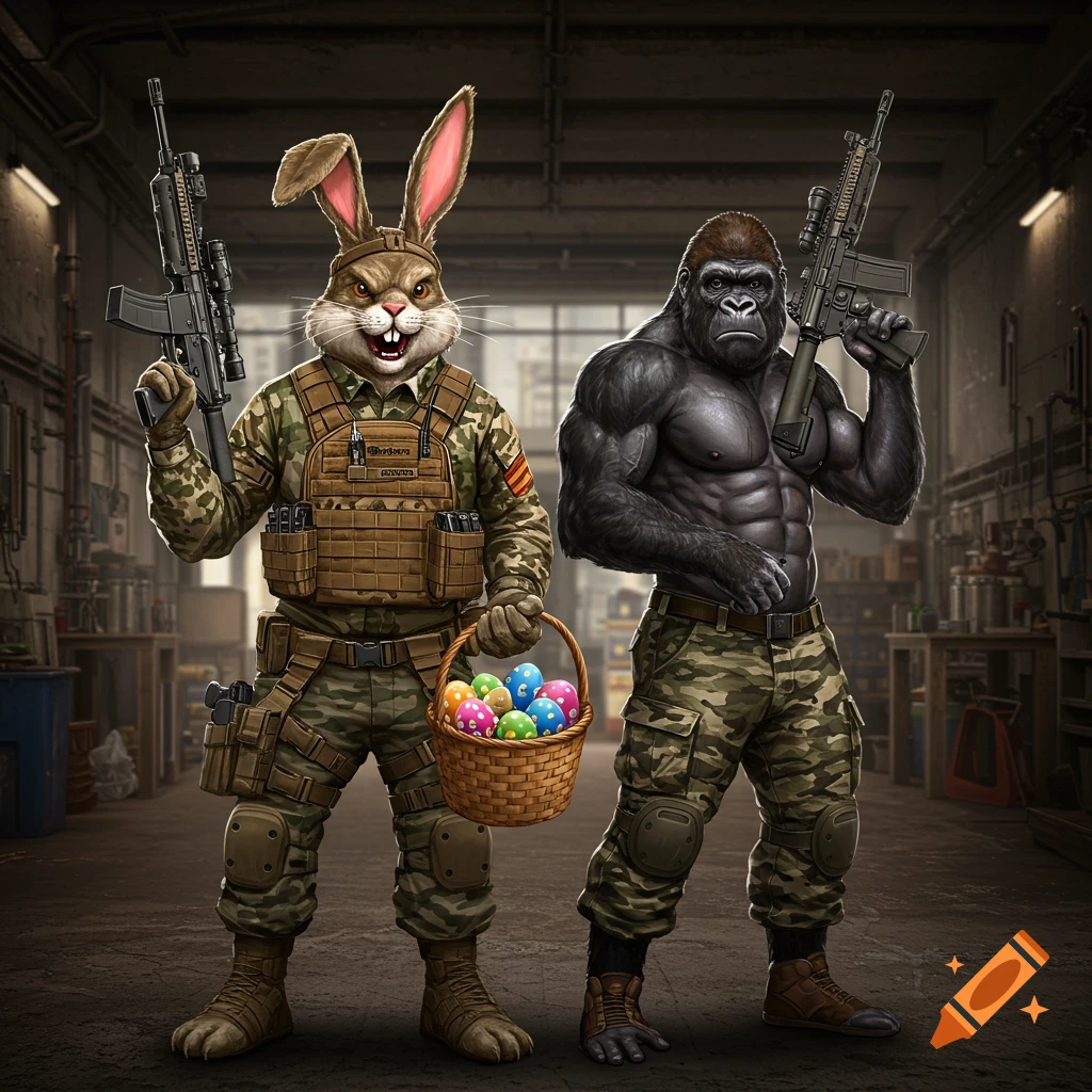 A tactical Easter Bunny and muscular gorilla in camo holding rifles and an egg basket are in a workshop.