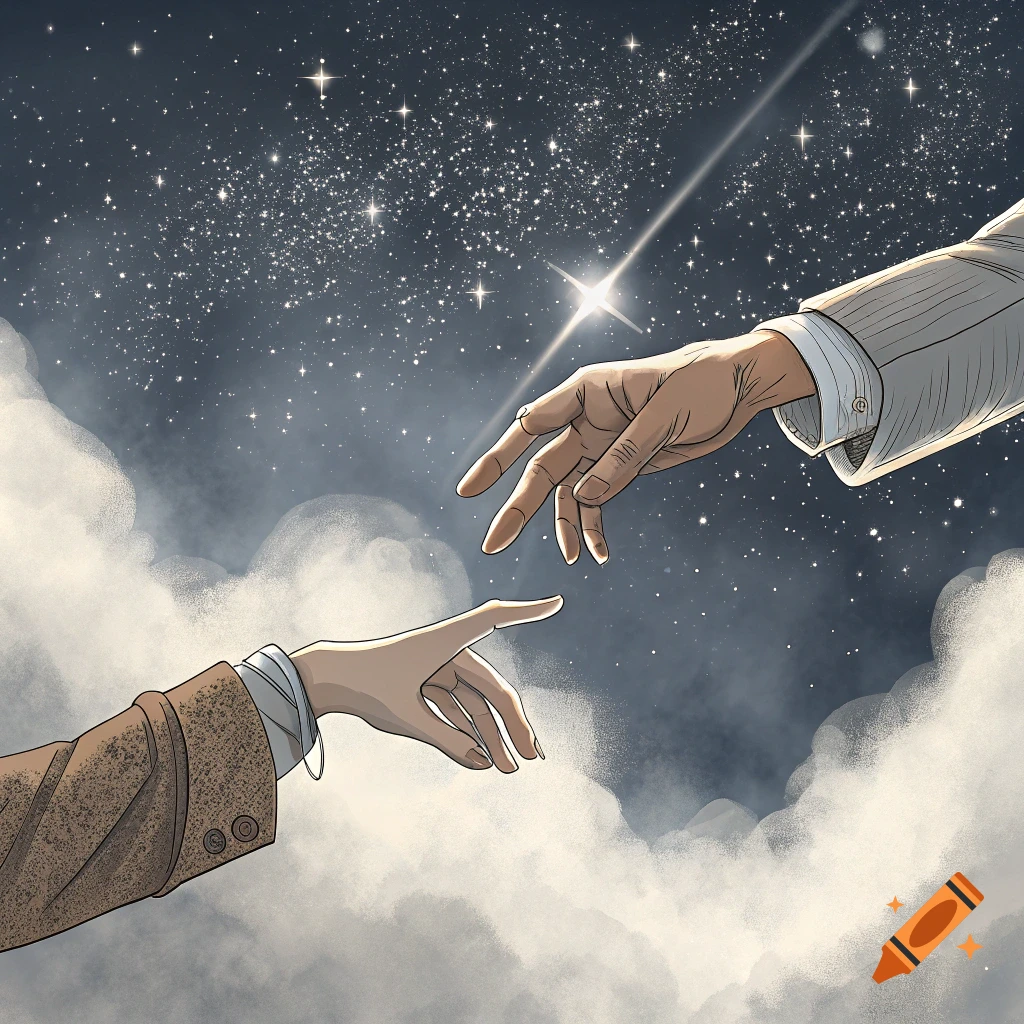 Two hands reaching towards each other against a starry night sky with clouds, illustration style.