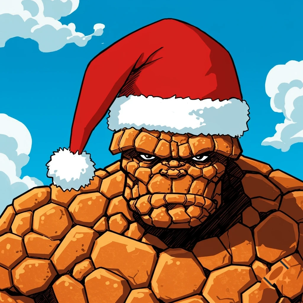The Thing from Fantastic Four wearing a Santa hat in comic book style.