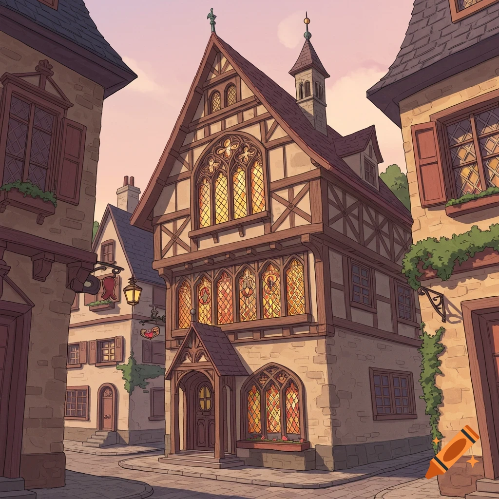 Medieval timber-frame buildings on a street at sunset