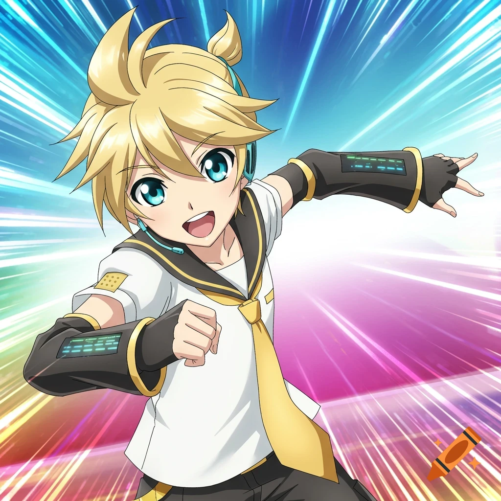 A young anime character, Kagamine Len, in a sailor uniform poses dynamically with a headset against a colorful, stylized background.
