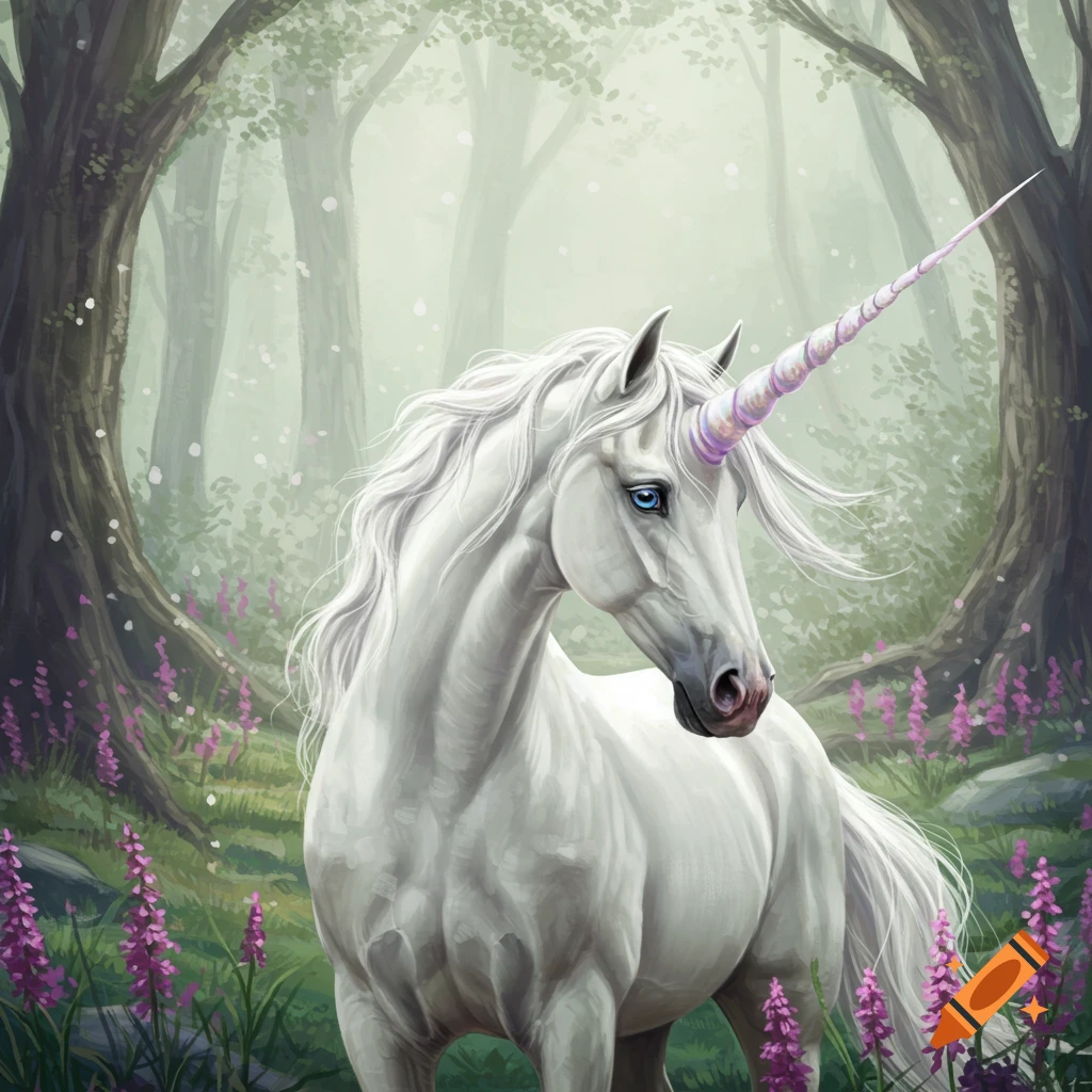 A white unicorn with a purple horn stands in a misty forest scene with pink flowers.