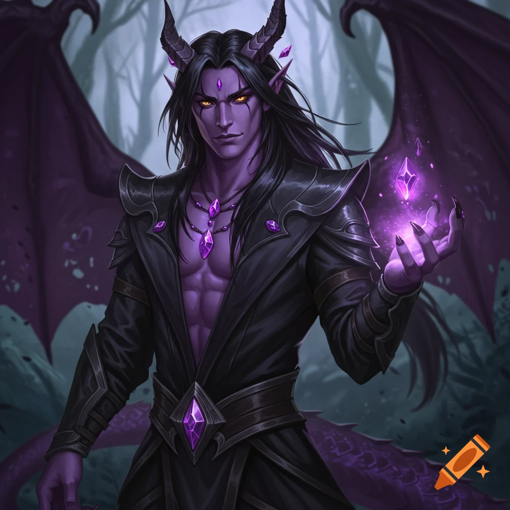 A purple dragon hybrid man with glowing hands, black hair, black clothes, and purple jewels in a forest.