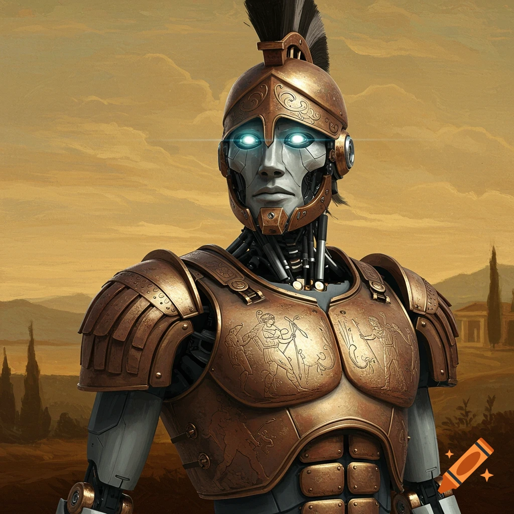 A robot wearing ancient Greek bronze armor stands in a landscape under a dramatic sky.