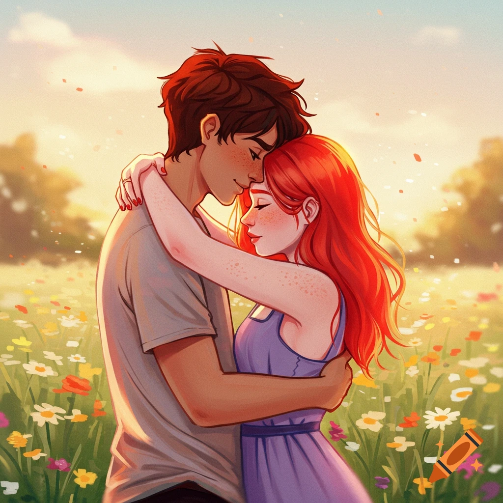 A couple embracing in a field of flowers at sunset.
