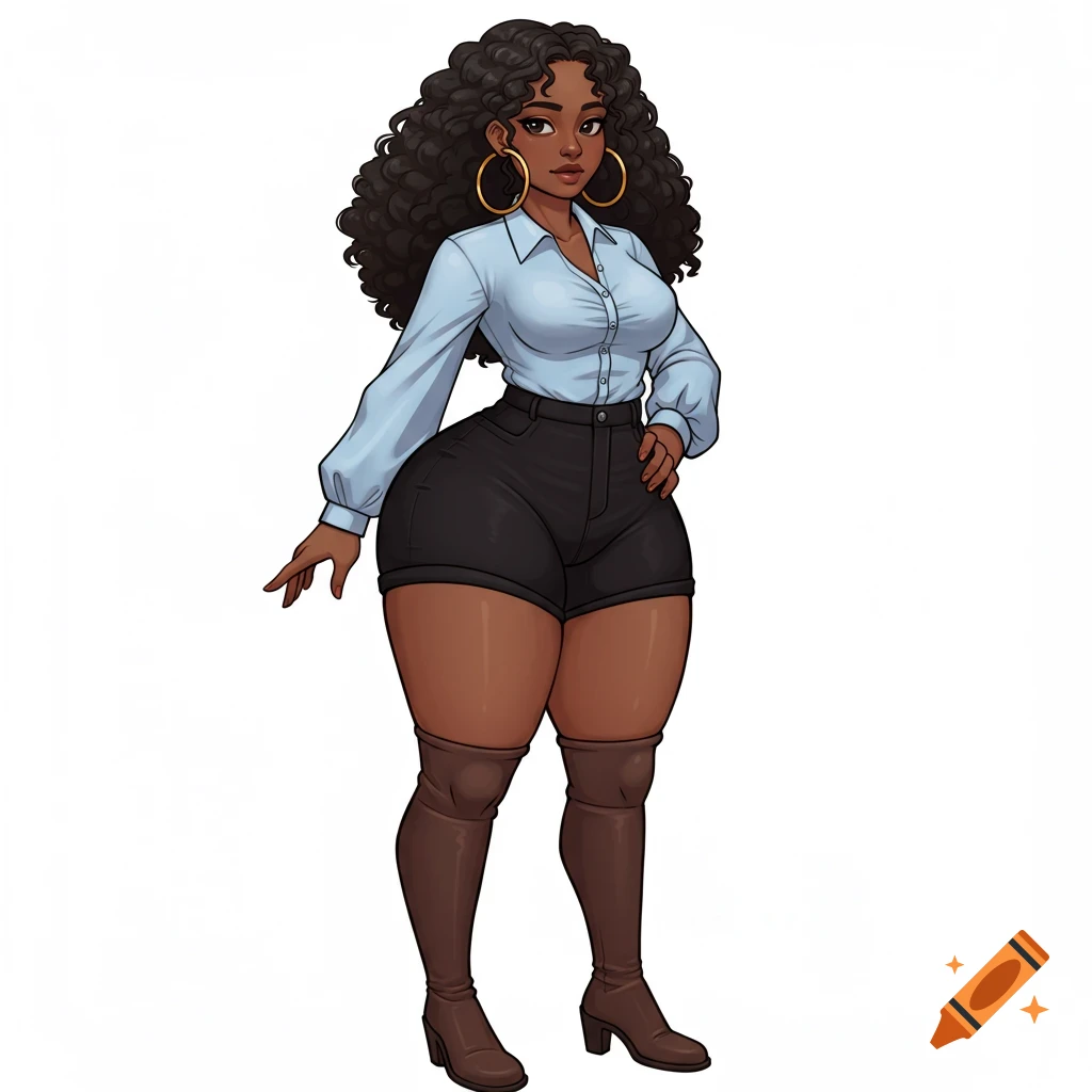 Anime illustration of a woman with curly hair wearing a blue shirt, black shorts, and brown boots.
