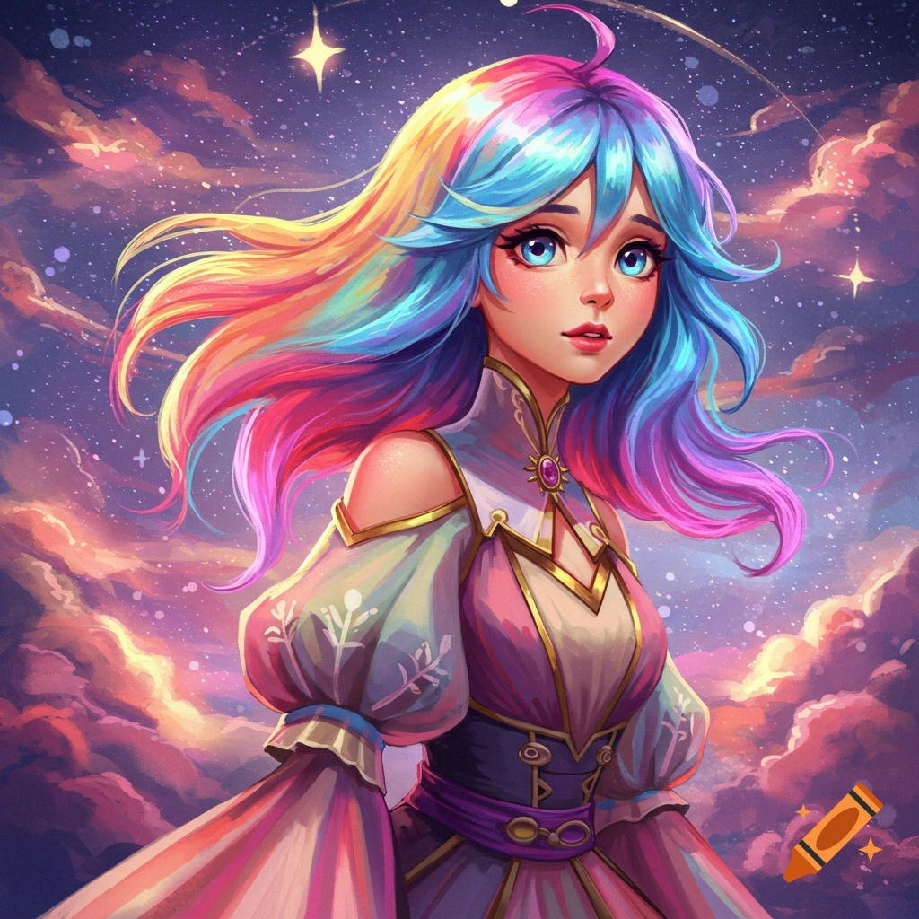 A colorful anime-style illustration of a girl with rainbow hair in a fantasy outfit set against a starry sky and clouds.