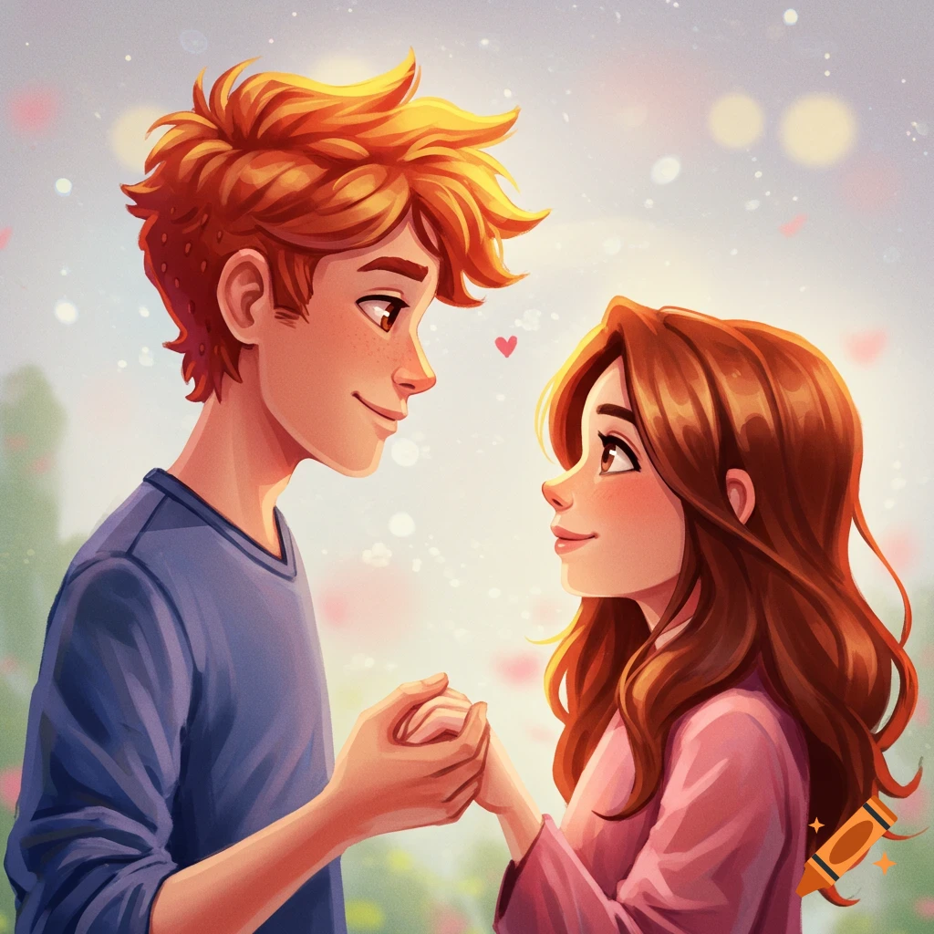 A young couple with auburn and brown hair holding hands