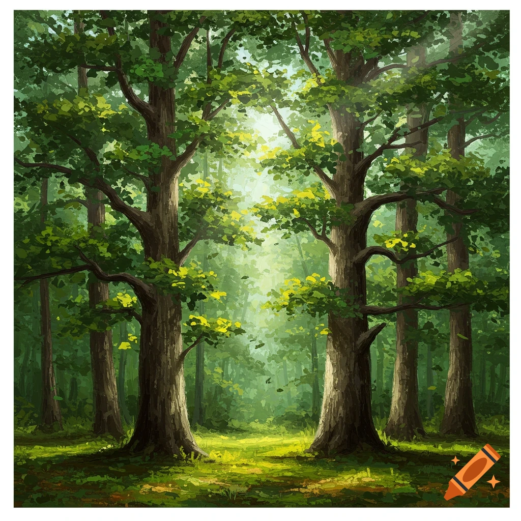 Sunlight filters through tall trees in a vibrant forest.
