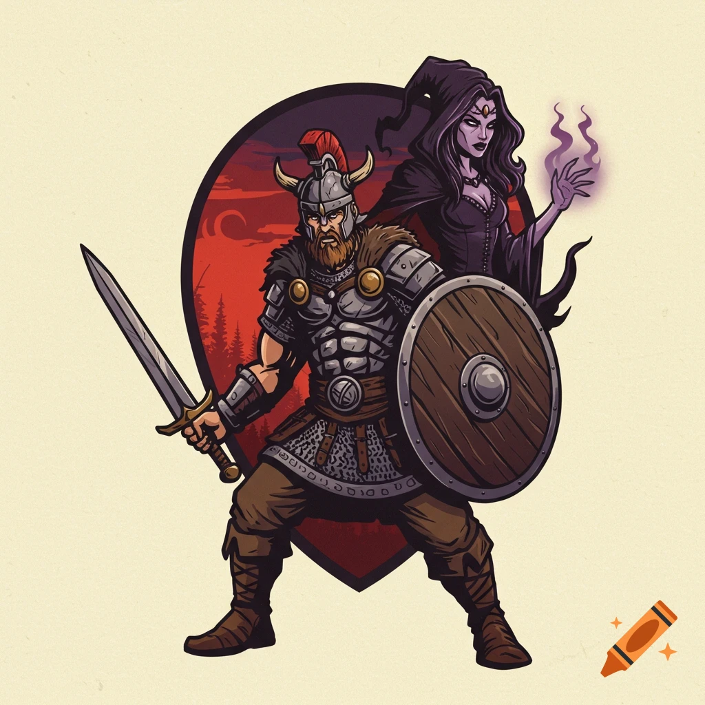 Stylized illustration of a warrior and a witch
