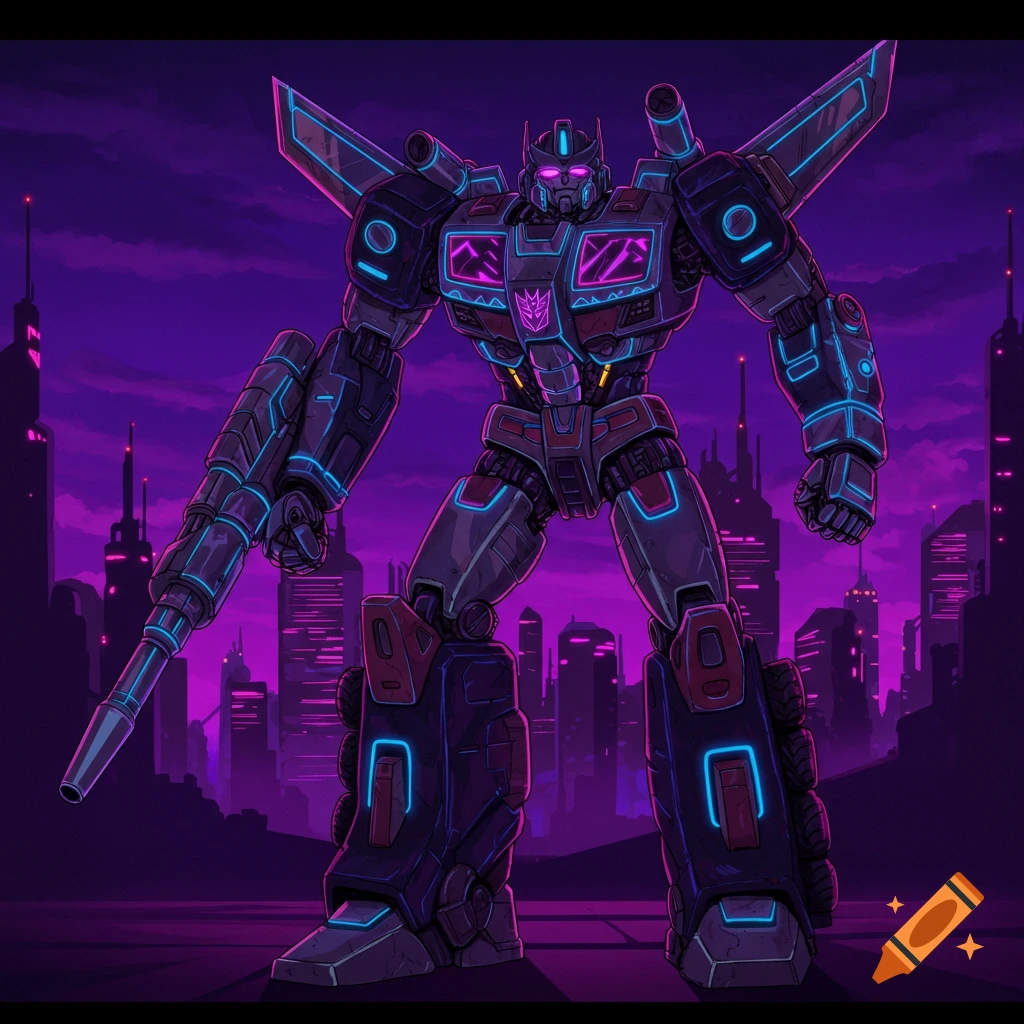 A large robot with neon lights stands in a futuristic city at night.