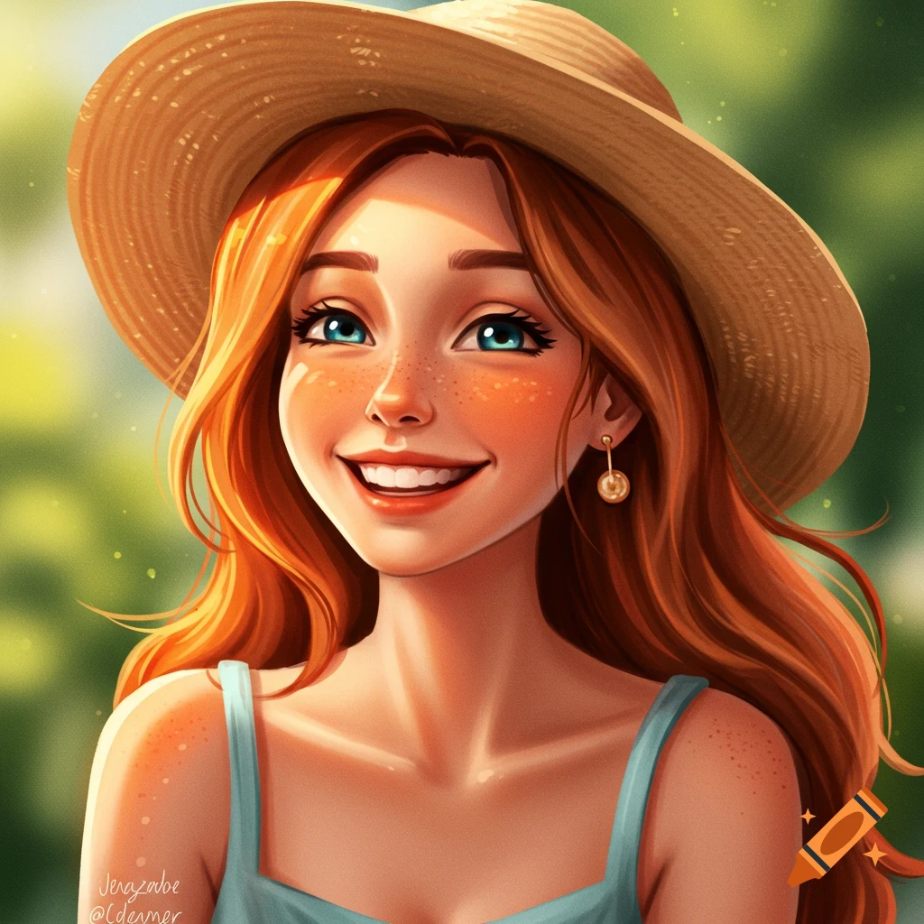 A smiling woman with red hair and freckles is wearing a straw hat.