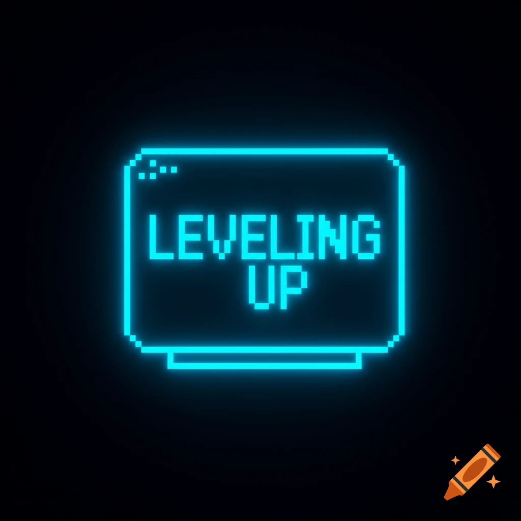 A pixelated neon graphic displaying 'LEVELING UP' on a screen-like shape.