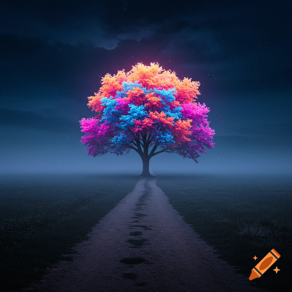 A vibrant, colorful tree stands on a path in a dark, misty field.