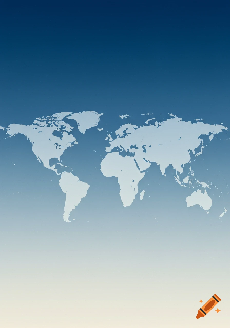 White outline of the world map on a blue and white gradient background.