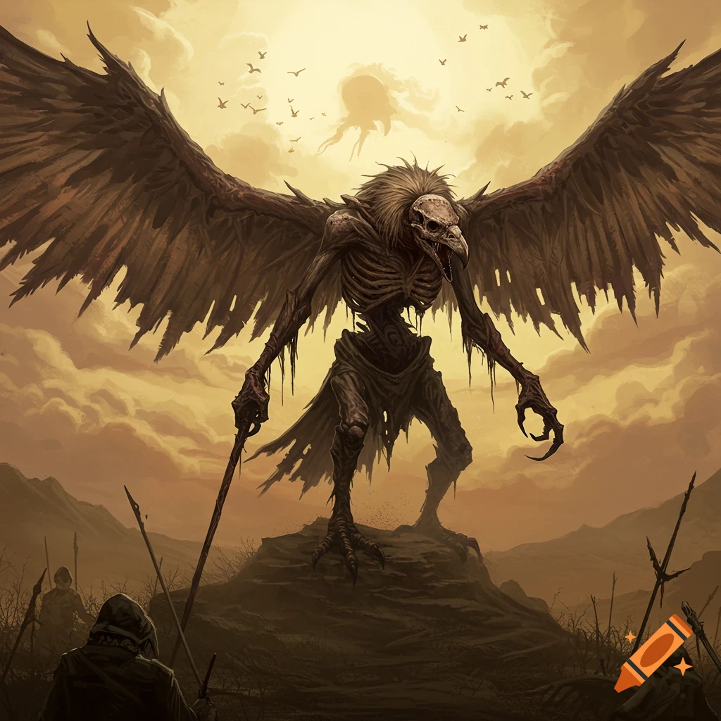 A giant skeletal vulture creature with wings standing over a battlefield at sunset.