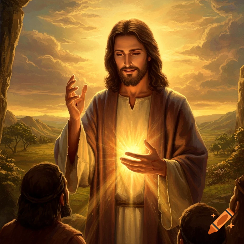 Jesus radiating light before followers in a landscape at sunset