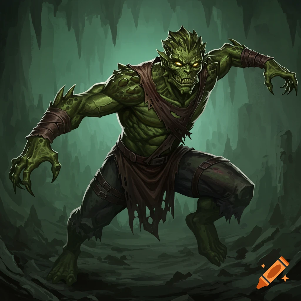 A green scaly creature is lunging forward in a cave.