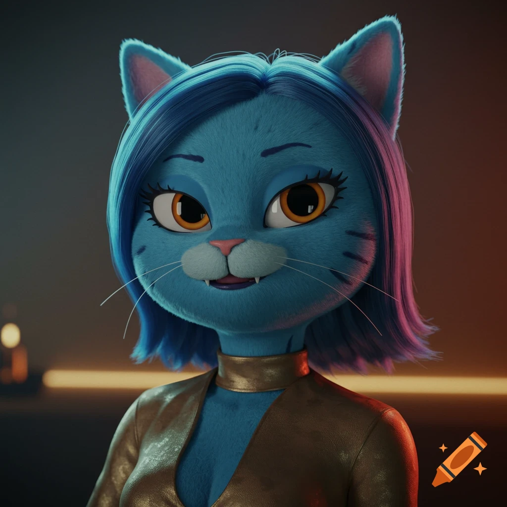 A close-up 3D render of a blue furry cat character with blue hair and orange eyes, wearing a gold outfit.