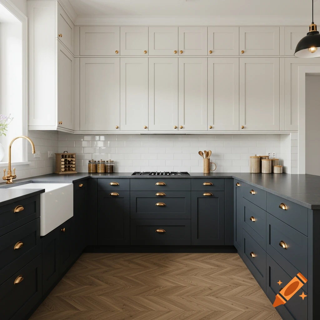A modern kitchen with white upper cabinets, dark lower cabinets, subway tile backsplash, and wood herringbone floor.
