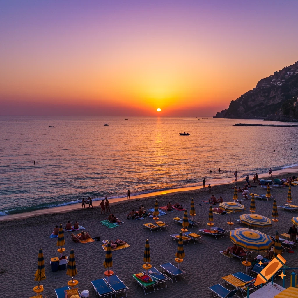 A photorealistic image of a beach at sunset with people, umbrellas, and lounge chairs.