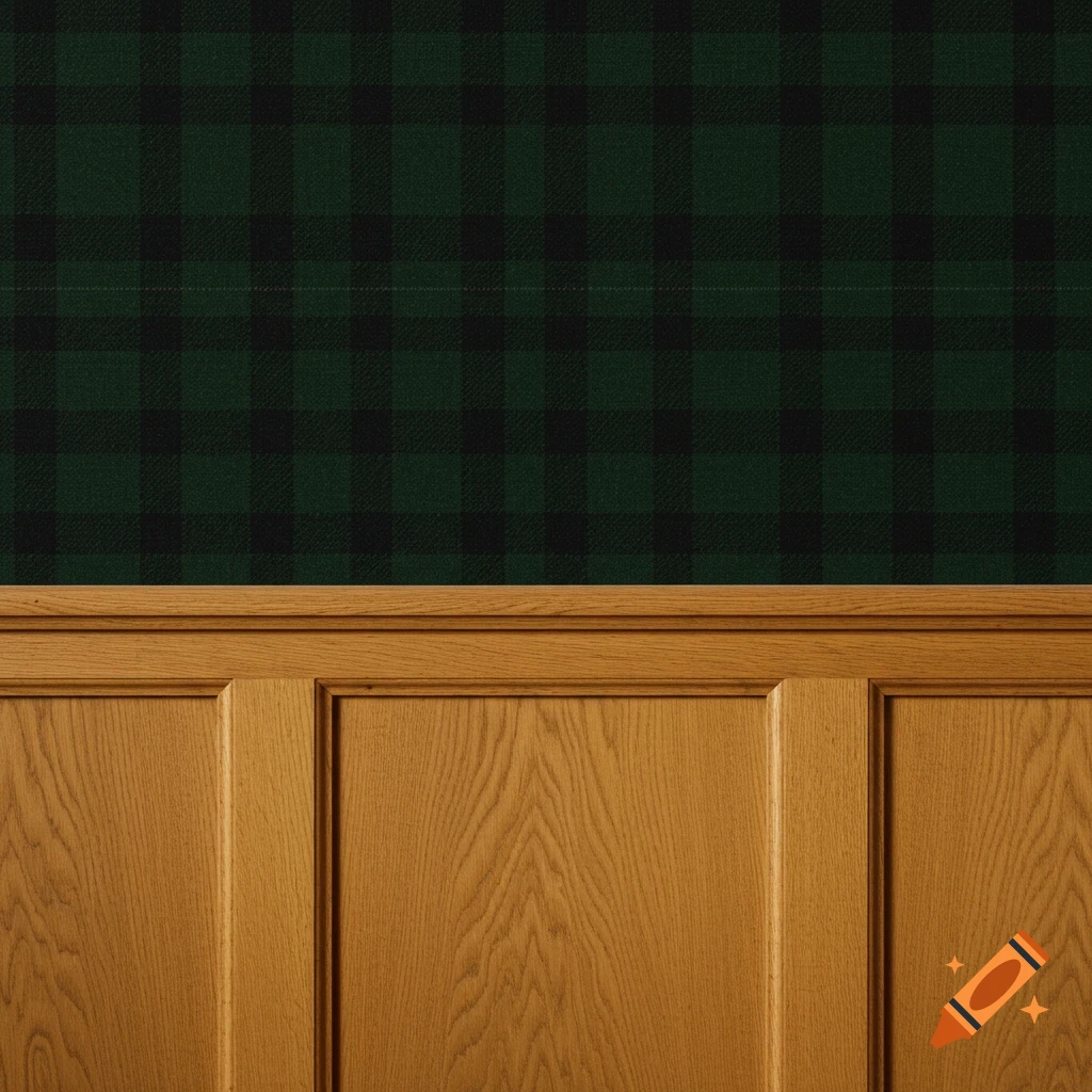 Dark green tartan wallpaper above oak wood paneling.