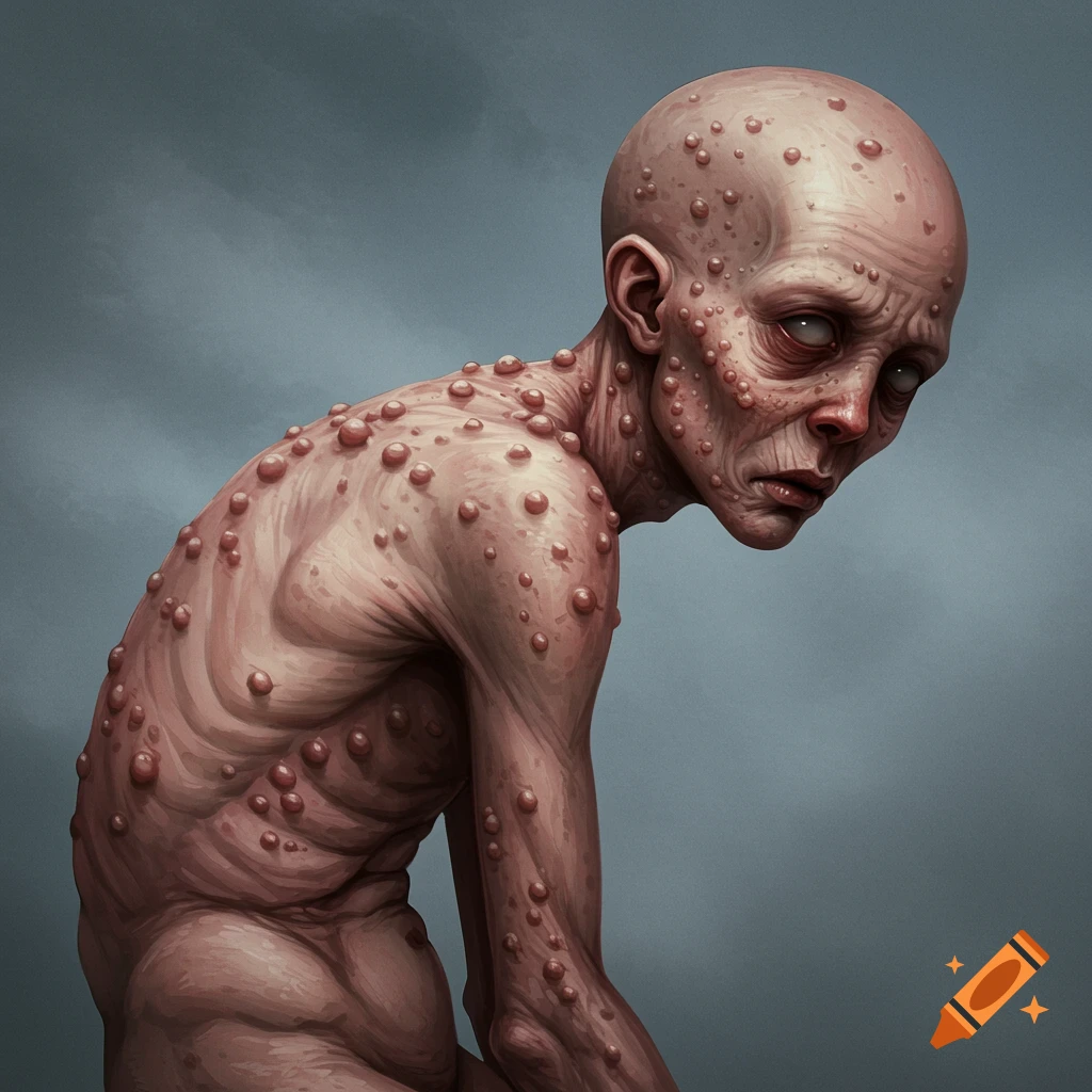 A hunched creature covered in red bumps with vacant eyes against a grey background.