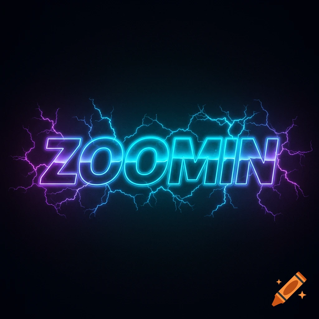 The word ZOOMIN in blue and purple neon lights with lightning.