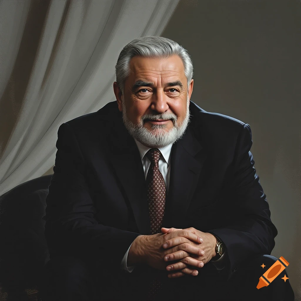 A photorealistic portrait of an older man with grey hair and a beard, wearing a dark suit and patterned tie, with his hands clasped.