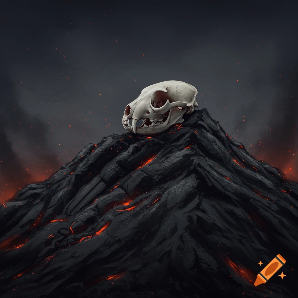 A weasel's skull on a dark mound with glowing cracks.