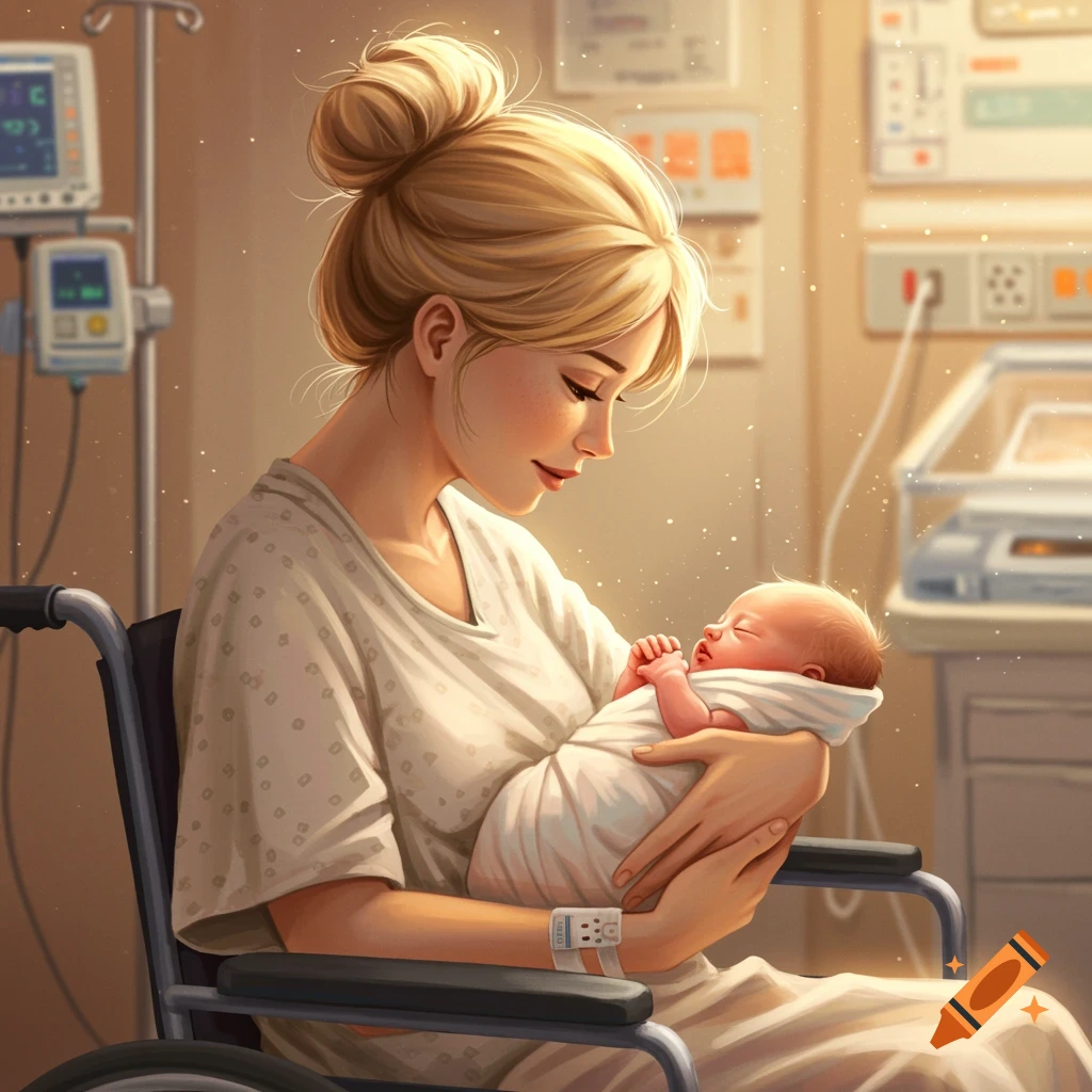 A mother is holding her newborn baby in a hospital room.