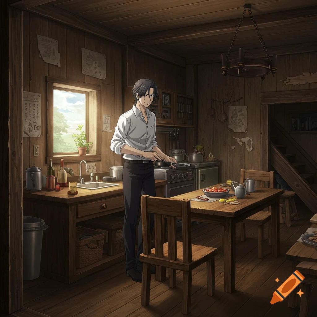 Anime style illustration of a man cooking in a cozy wooden kitchen.