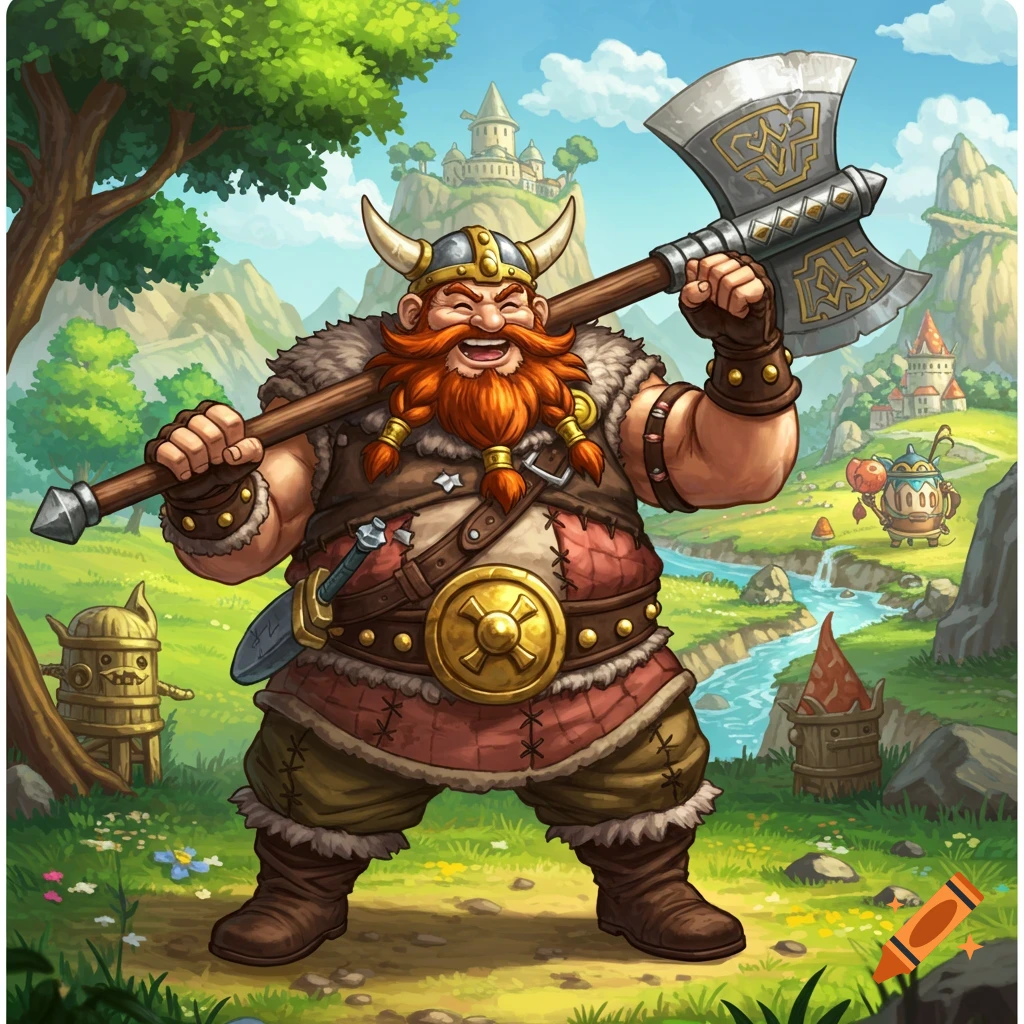 A smiling dwarf or viking character holding a large axe in a fantasy ...