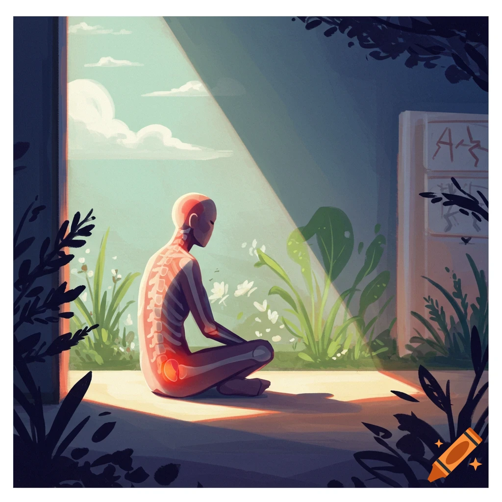 Figure showing skeleton meditating in sunlit nature scene.