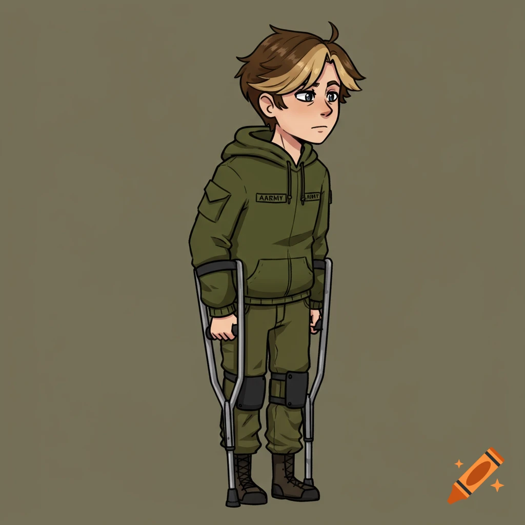 Cartoon drawing of a person on crutches wearing an army hoodie.