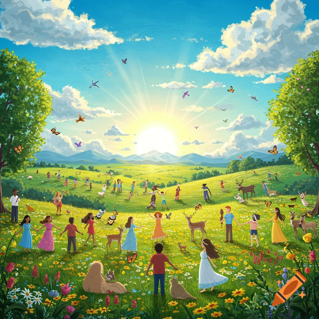 Illustrative scene of diverse people and animals in a bright, sunny meadow with mountains.