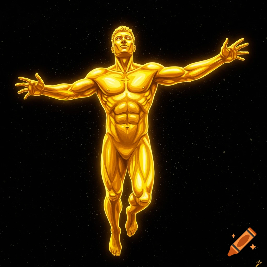 A shiny golden man is flying with arms outstretched against a black background with stars.