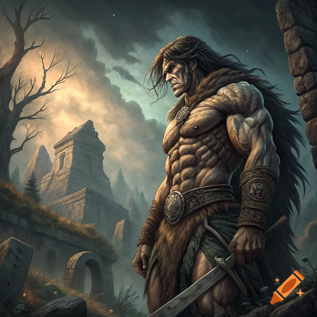 Muscular fantasy warrior with long hair holds a sword, standing before ancient ruins under a dramatic sky. Illustrated style.