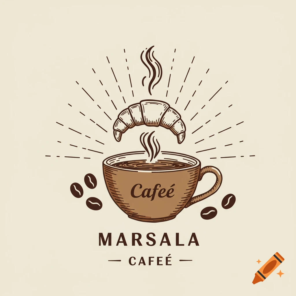 Hand-drawn logo for Marsala Caf
é with coffee cup, croissant, and beans.