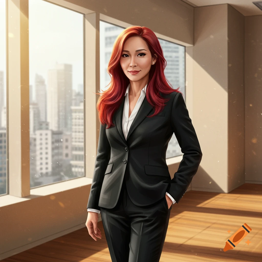 A businesswoman with red hair in a black suit standing in an office.