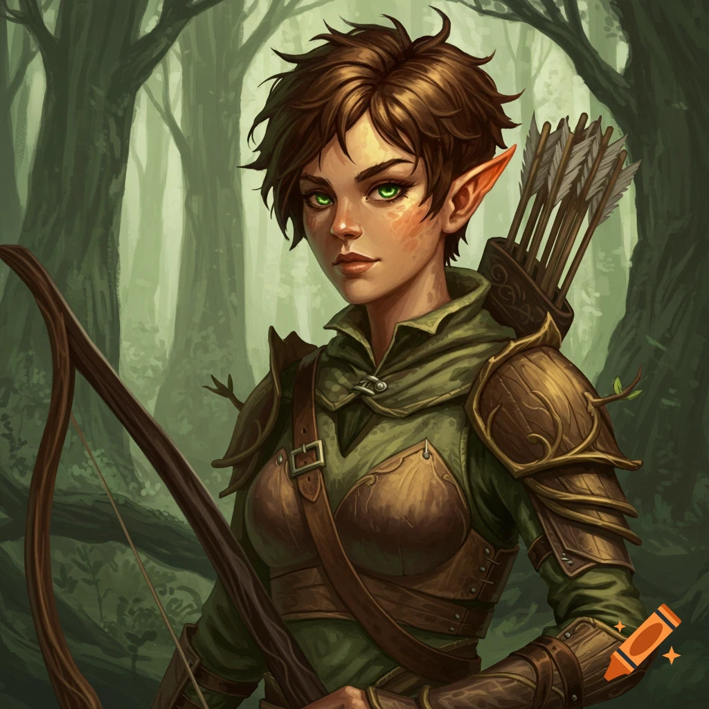 A wood elf woman with short brown hair, green eyes, armor, bow, and quiver stands in a forest.