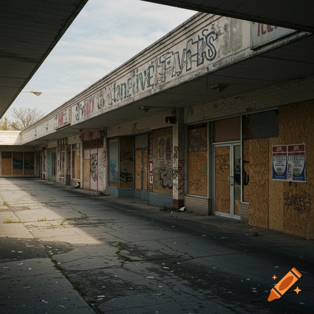 A run-down shopping center with boarded-up shops covered in graffiti.