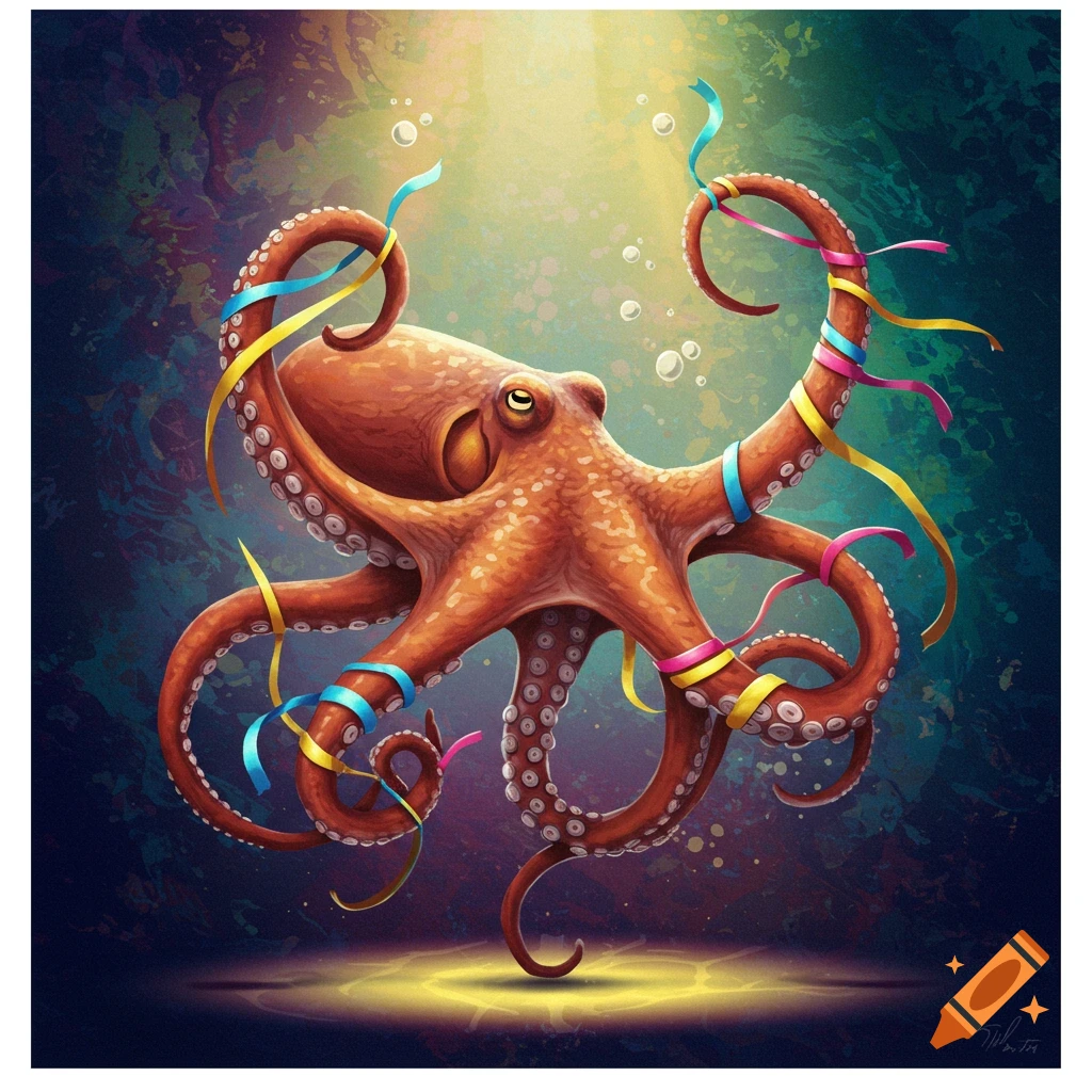An octopus wrapped in colorful ribbons dancing in a spotlight.