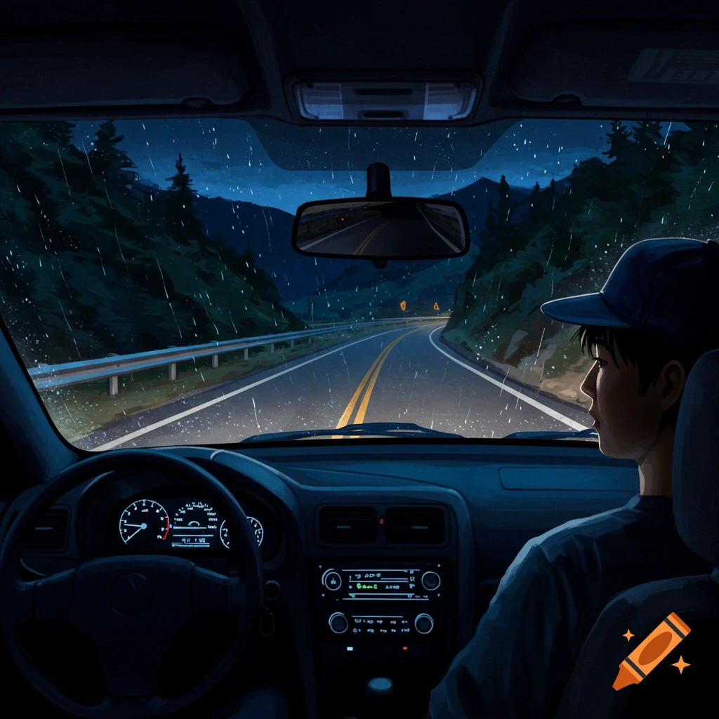 From the driver's seat looking out at a rainy road at night, showing the dashboard and driver.