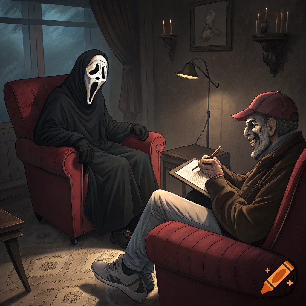 Ghostface sits in a red chair while a therapist resembling Michael Myers writes on a notepad in an atmospheric room.