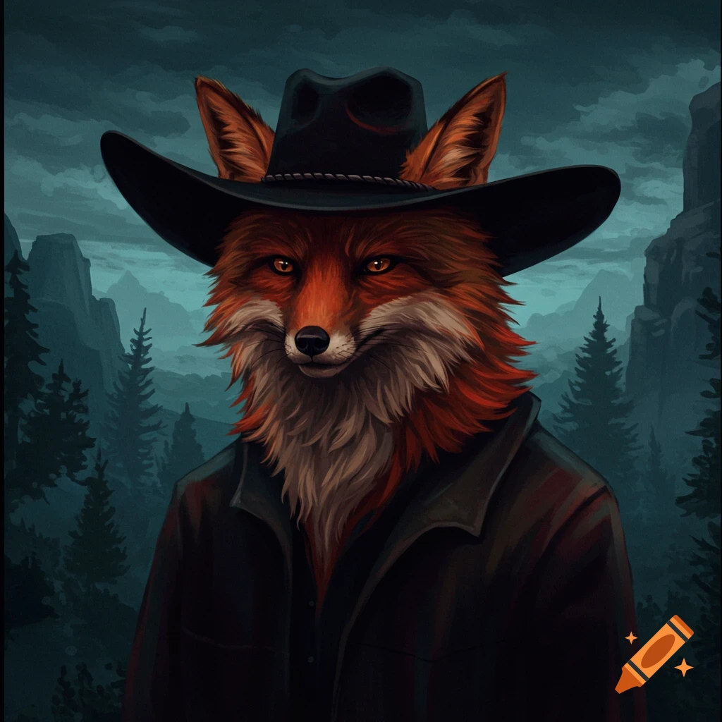 A fox wearing a black cowboy hat and a coat stands in a misty mountain forest landscape.